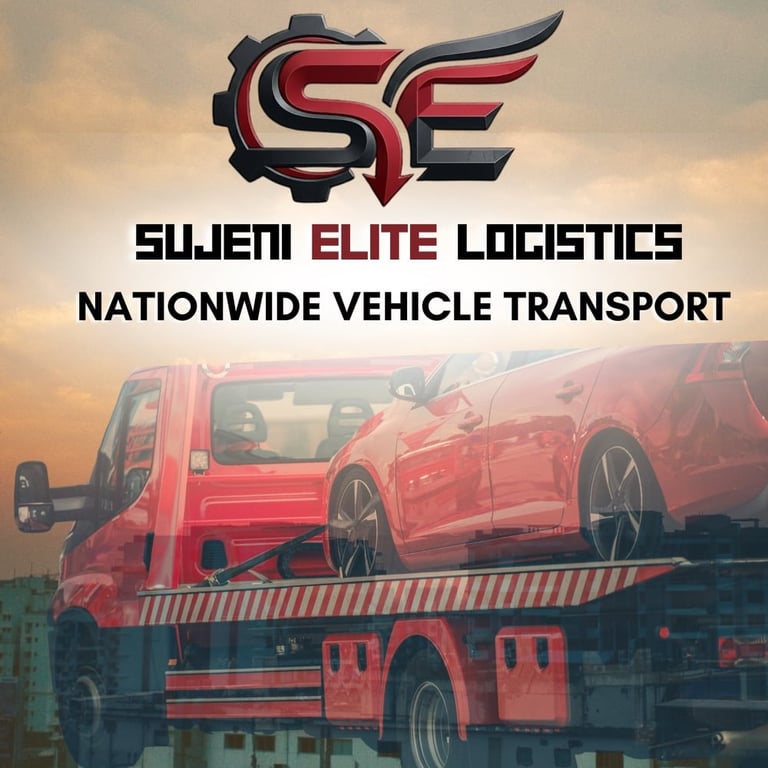 Sujeni Elite Logistics logo with red tow truck transporting a red sports car, advertising nationwide vehicle transport services